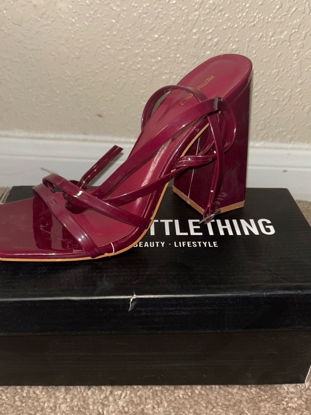 PrettyLittleThing Patent Burgundy Strappy Block Heel Sandals